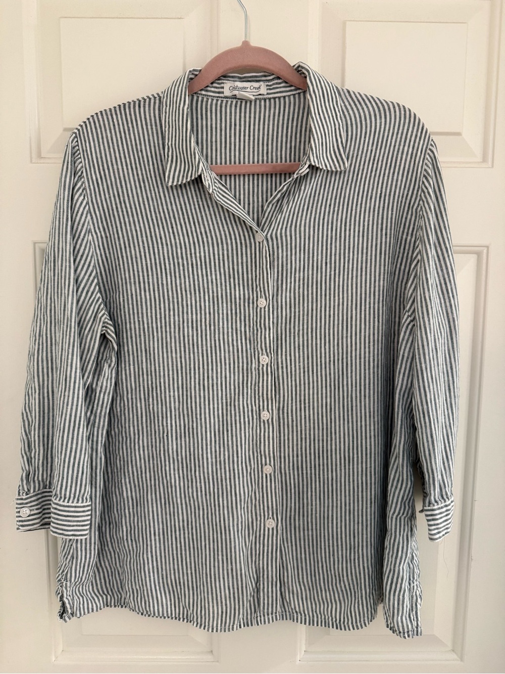 Coldwater Creek Women's green and white linen Button-Down Shirt size L